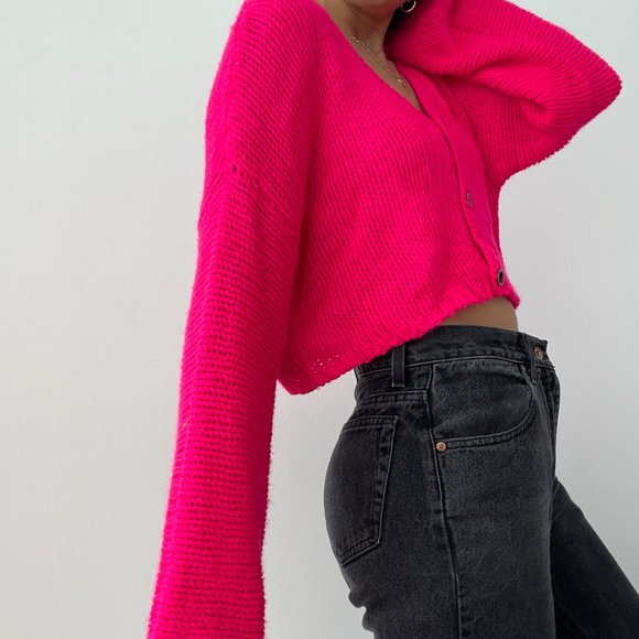 NWT Forever 21 pink cropped v neck button down cardigan sweater - Picture 4 of 10